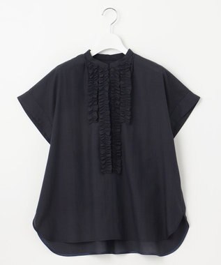 自由区 【洗える】ソフトリネンフリルディティール ブラウス ネイビー