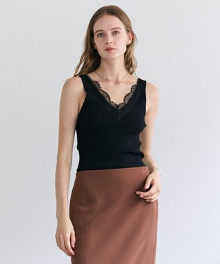 BEIGE， RUBY / レーストリム リブタンクトップ Black