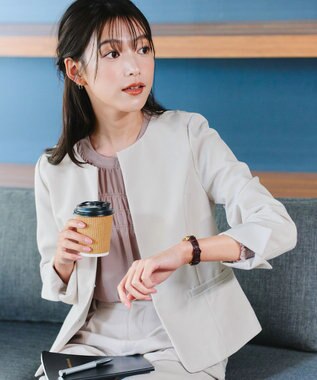 Tiaclasse L 【ダブルクロス・洗える】ノーカラージャケット グレージュ