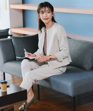 Tiaclasse L 【ダブルクロス・洗える】ノーカラージャケット グレージュ