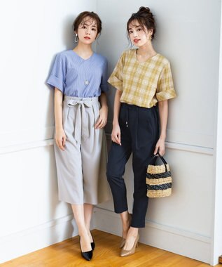 Tiaclasse 【洗える】ゆったりシルエットの幅広カフスブラウス イエローチェック