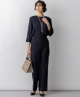 23区 カットジャカードコンビ シアー ブラウス ネイビー系