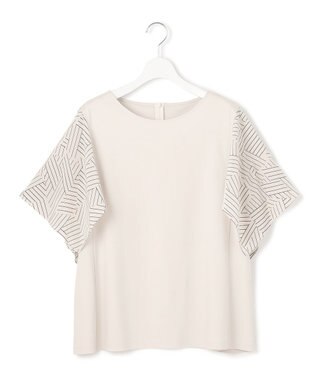 23区 L 【Lサイズ限定/洗える】スカーフプリントコンビ スリーブデザイン カットソー ベージュ×ブラック