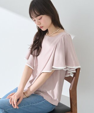 earth music&ecology 【接触冷感/洗濯機可】パイピングフレアスリーブカットソー Pink Beige