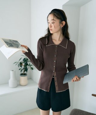 earth music&ecology バイカラートリムロングニットカーディガン Brown