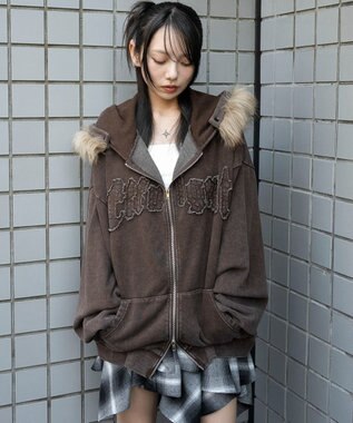 WEGO 【25年秋冬新作】ファーフードBIGZIPパーカー ブラウン