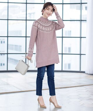 Tiaclasse L 【洗える】ノルディック柄ニットチュニック ピンク