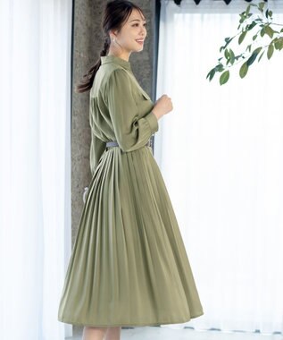 Tiaclasse 【洗える】ヴィンテージサテンシャツワンピース カーキ