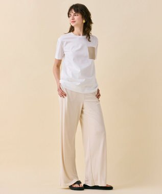 BEIGE， TORENIA / レザーポケットコットンクルーネックTシャツ White × Taupe