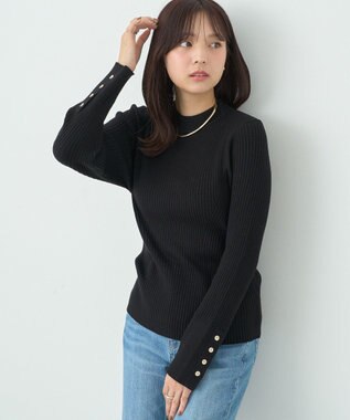 earth music&ecology スリーブ釦ニットプルオーバー Black