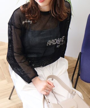 AMERICAN HOLIC 【WEB限定】ランダムロゴメッシュロングTシャツ/チュニック Black