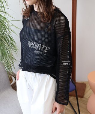 AMERICAN HOLIC 【WEB限定】ランダムロゴメッシュロングTシャツ/チュニック Black