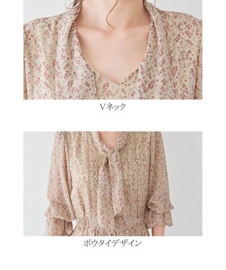 Tiaclasse L 【洗える】程良い透け感のプリントボウタイワンピース アイボリー