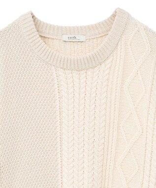 earth music&ecology 【洗濯機洗い可】アンチピリングC/Aパッチワークケーブルニット アイボリー