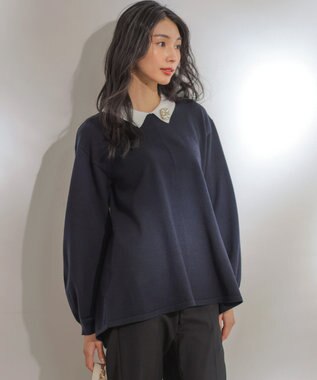 組曲 L 襟付きチュニック プルオーバー ネイビー系