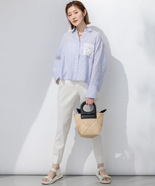 23区 【洗える】LIBECO クロップド シャツ ラベンダーストライプ