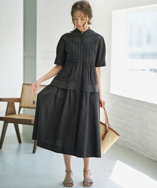 組曲 エンブロイダリーレース シャーティング ワンピース ブラック系