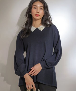 組曲 L 襟付きチュニック プルオーバー ネイビー系