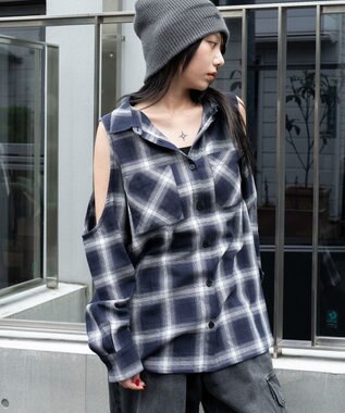 WEGO オープンショルダーチェックBIGシャツ ネイビー