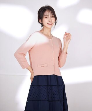 Tiaclasse L 【洗える】フェイクリボンポケット付きカーディガン ピンク