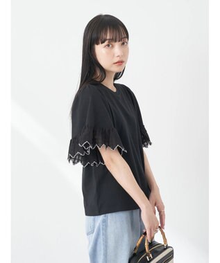 earth music&ecology 配色スカラップスリーブＴＥＥ Black