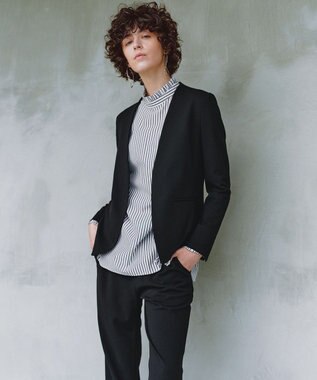 UNFILO イージーケア フリルネック シャツ ネイビーストライプ