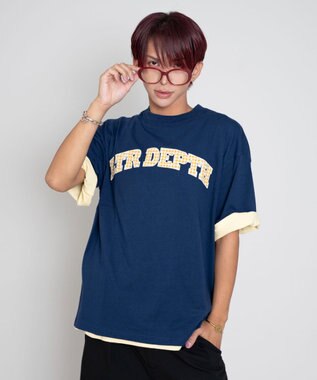 WEGO 【ユニセックス着用ITEM/MLサイズ展開】チェックカレッジグラフィックT（SS） ネイビー