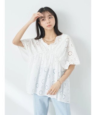 earth music&ecology コットンレースＶネックブラウス Off White