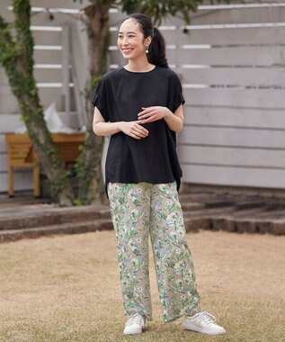 ANY L 【ウエストゴム/洗濯機可能】フラワープリントリラックスパンツ ベージュベース