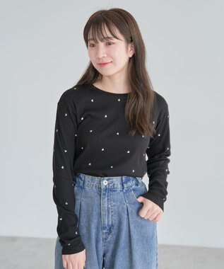 Green Parks ・ＤＯＵＢＬＥ　ＦＬＡＧＳ　ハート刺繍リブロンＴＥＥ Black