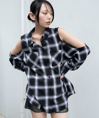 WEGO オープンショルダーチェックBIGシャツ