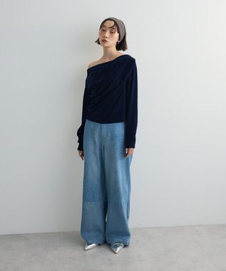 Green Parks シアーベロアオフショル長袖プルオーバー Navy