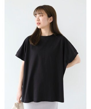 Green Parks インド綿 フレンチスリーブ前後差カットプルオーバー Black