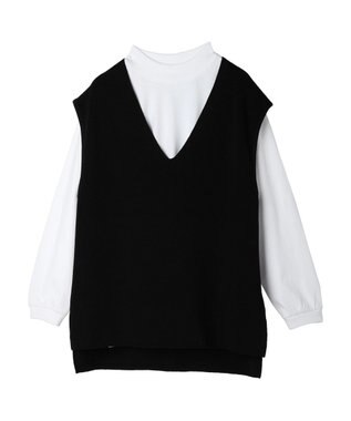 CRAFT STANDARD BOUTIQUE 【2点セット】洗える 60/2 14G片畦Vネックベスト+ロンTEE SET Black
