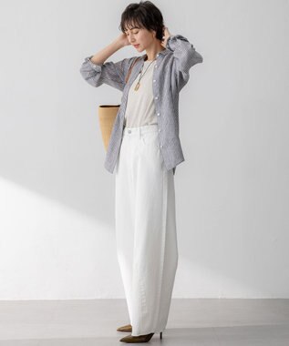 23区 LIBECO ベーシック シャツ ダークブラウンストライプ