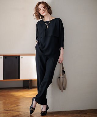 23区 L 【洗える】ストレッチジョーゼット ケープデザイン カットソー ブラック系