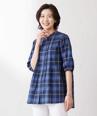 J.PRESS LADIES L 【洗える】モデレートマドラス バンドカラー ピンタック ブラウス ネイビー系3