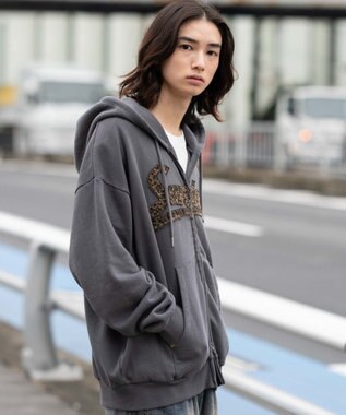 WEGO 【ユニセックス着用ITEM/SMLサイズ展開】レオパードワッペンダブルZIPパーカー スミクロ