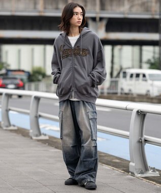 WEGO 【ユニセックス着用ITEM/SMLサイズ展開】レオパードワッペンダブルZIPパーカー スミクロ