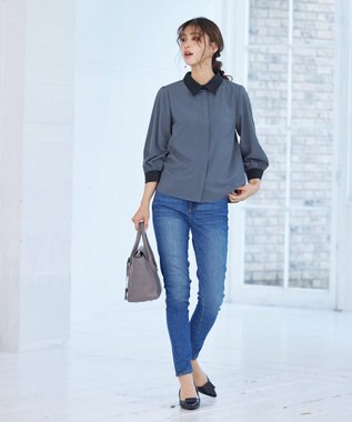 Tiaclasse 【洗える】配色パフスリーブシャツブラウス ブルー