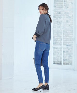 Tiaclasse 【洗える】配色パフスリーブシャツブラウス ブルー