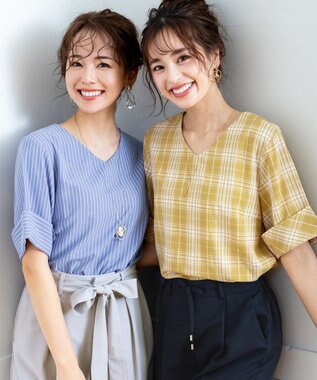 Tiaclasse L 【洗える】ゆったりシルエットの幅広カフスブラウス イエローチェック