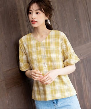 Tiaclasse L 【洗える】ゆったりシルエットの幅広カフスブラウス イエローチェック