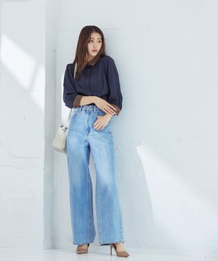 Tiaclasse 【洗える】配色パフスリーブシャツブラウス ネイビー