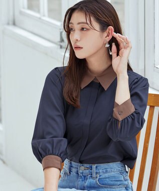 Tiaclasse 【洗える】配色パフスリーブシャツブラウス ネイビー