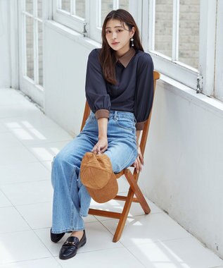 Tiaclasse 【洗える】配色パフスリーブシャツブラウス ネイビー