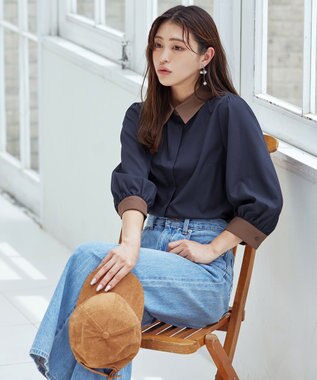 Tiaclasse 【洗える】配色パフスリーブシャツブラウス ネイビー