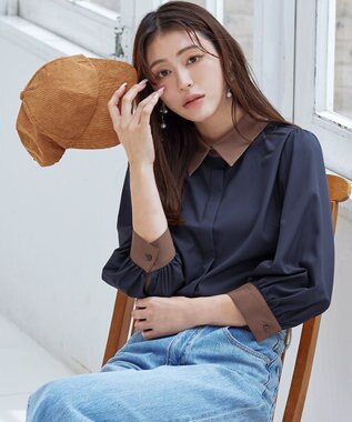 Tiaclasse 【洗える】配色パフスリーブシャツブラウス ネイビー