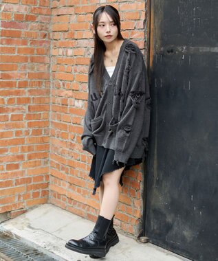 WEGO 【ユニセックス着用ITEM】ダメージジャガードカーディガン スミクロ