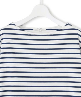 23区 【SLOW/一部店舗限定】ギザコットンボーダー ボートネックカットソー オフホワイトxブルーボーダー
